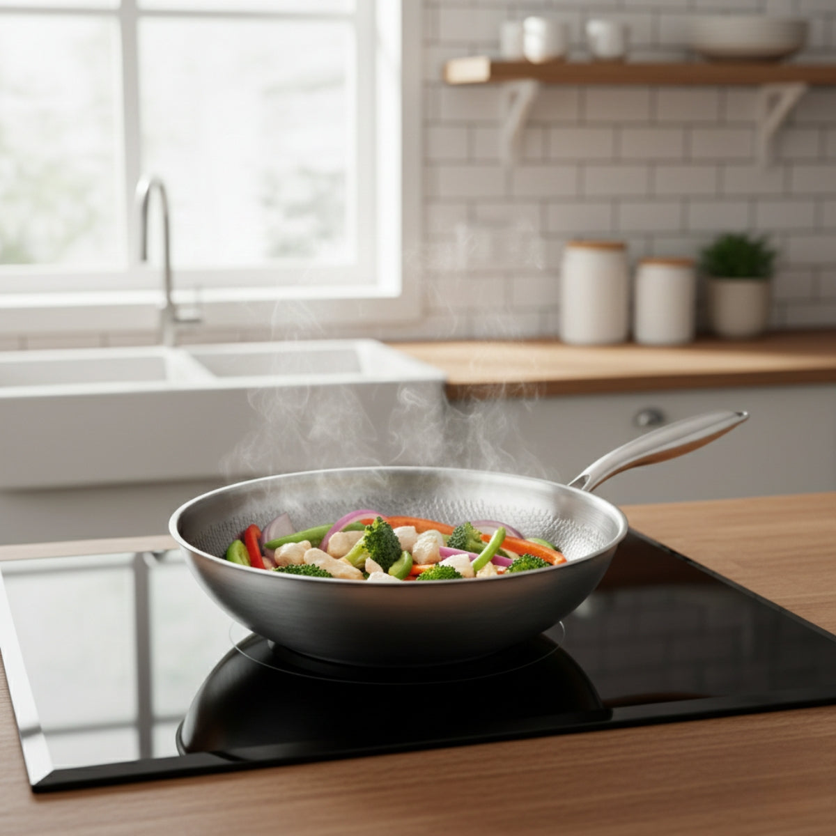 Hand-Hammered Titanium Wok Pan with Flat Base