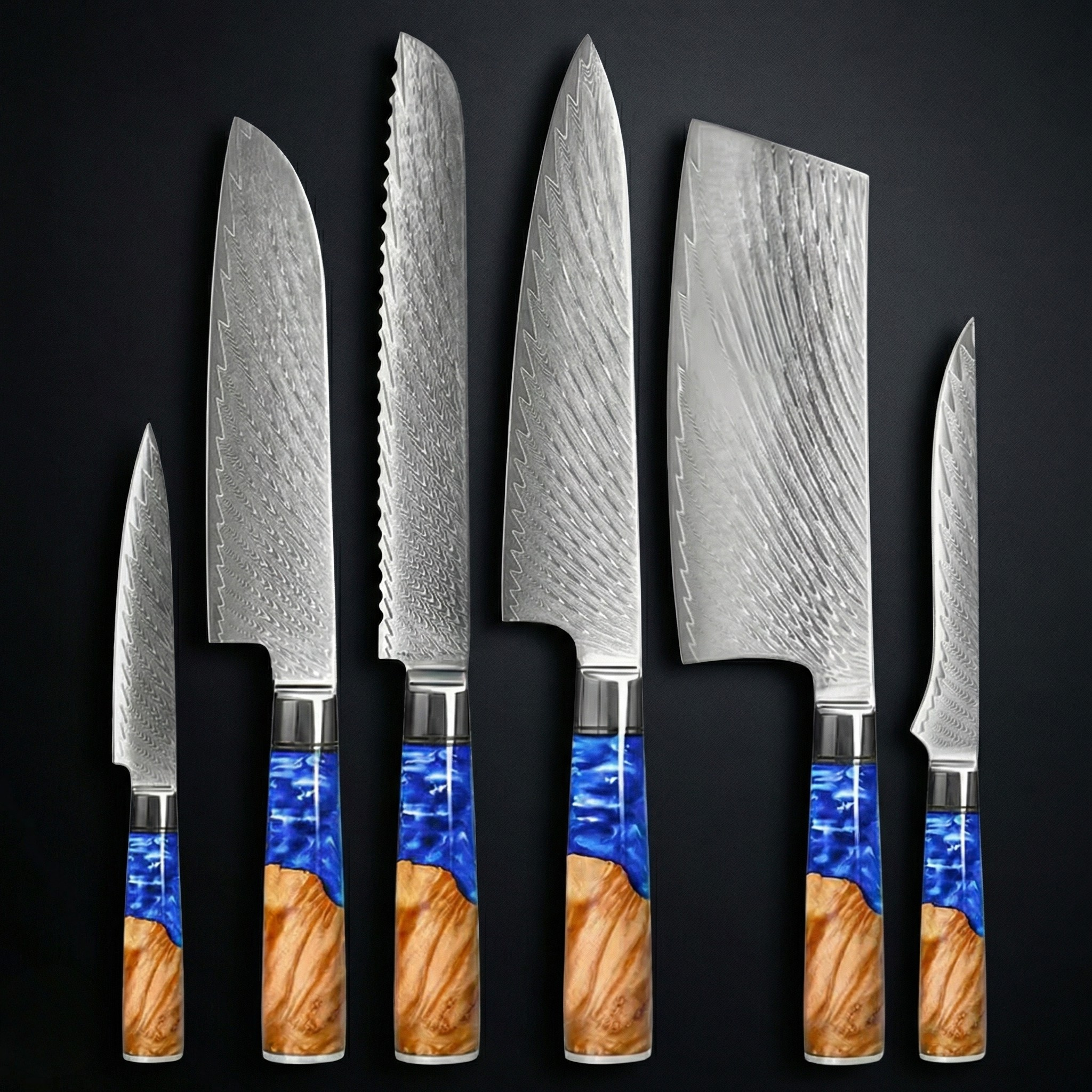 Professionelles Japanisches Damascus Messer-Set – 6-teiliges Kochmesser-Set in Profiqualität